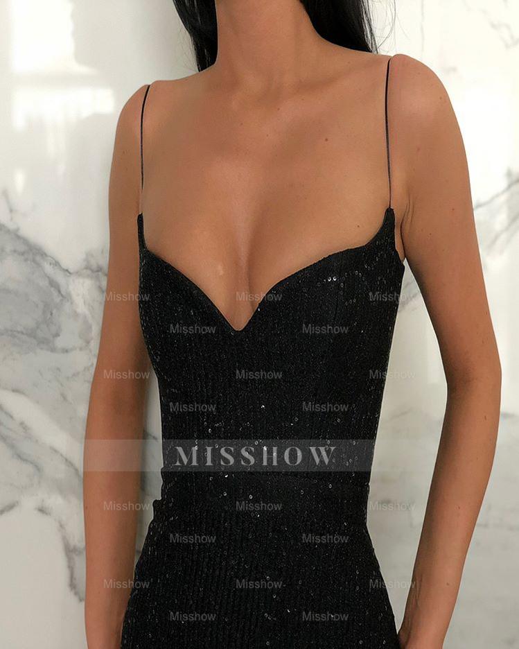 Black Sheath Spaghetti Straps Open Back Sequins Prom Dresses