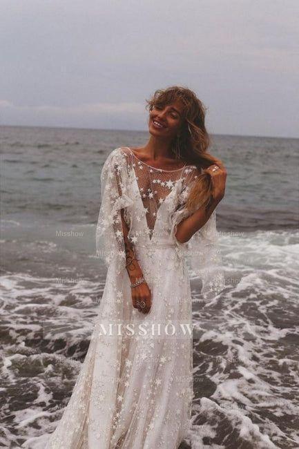 Boho A-Line Long Sleeves Backless Wedding Dresses With Lace