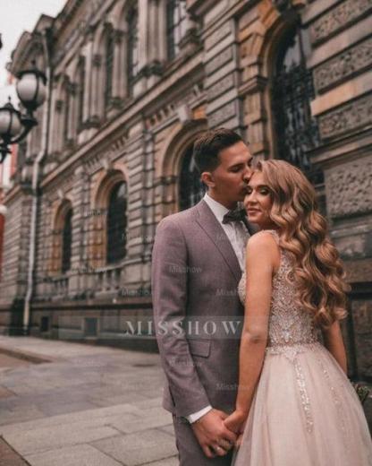 Boho A-line V-Neck Slit Wedding Dresses with Lace