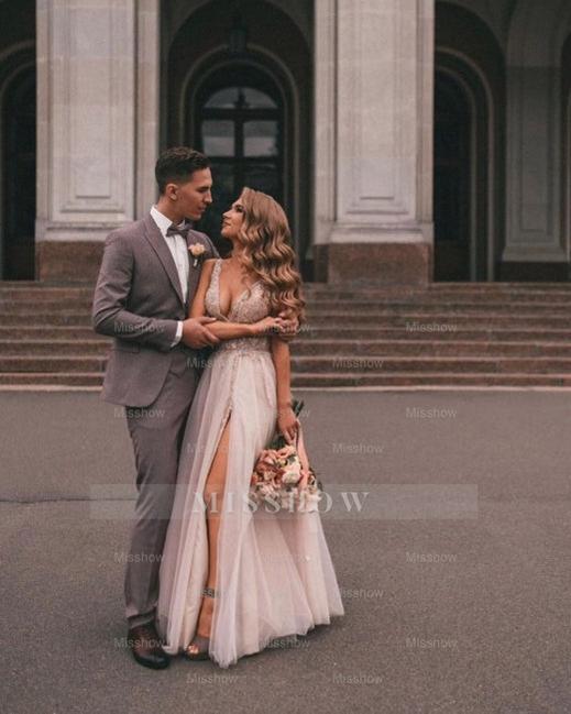 Boho A-line V-Neck Slit Wedding Dresses with Lace