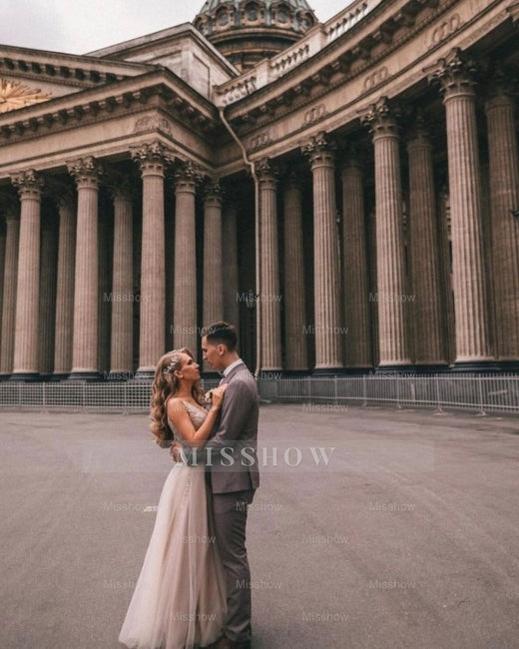 Boho A-line V-Neck Slit Wedding Dresses with Lace