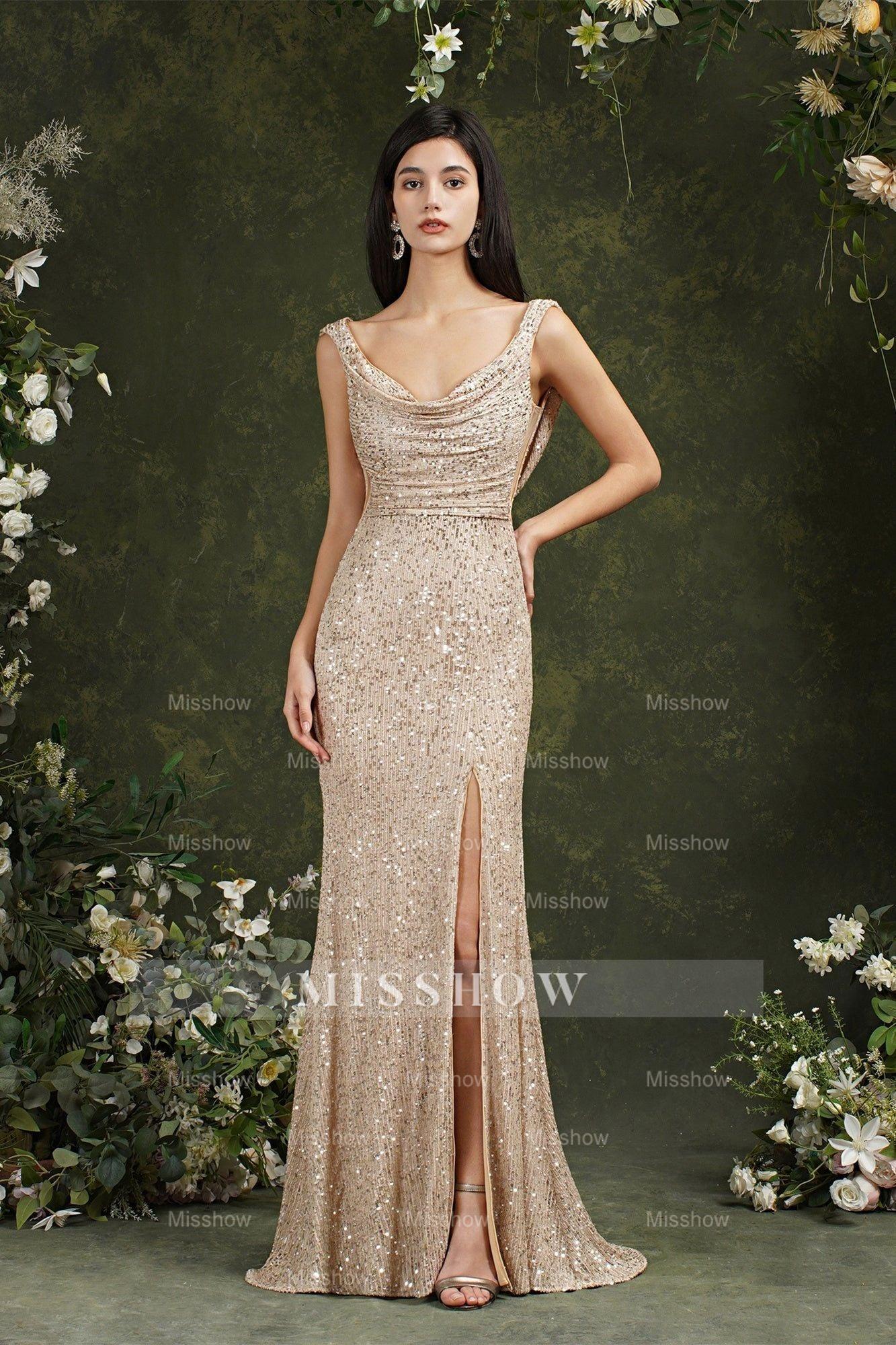 Brilliant Scoop Neck Sequins Backless Mermaid Bridesmaid/Prom Dress With Side Slit