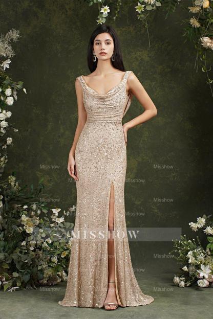 Brilliant Scoop Neck Sequins Backless Mermaid Bridesmaid/Prom Dress With Side Slit