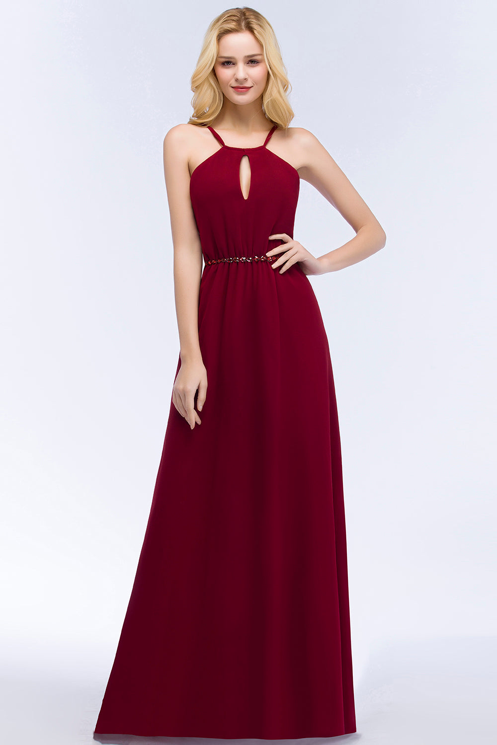 Burgundy Spaghetti Straps Long Bridesmaid Dress with Beading Sash