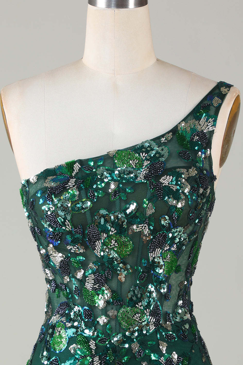 Bodycon One Shoulder Green Sequins Short Cocktail Dress With Feather