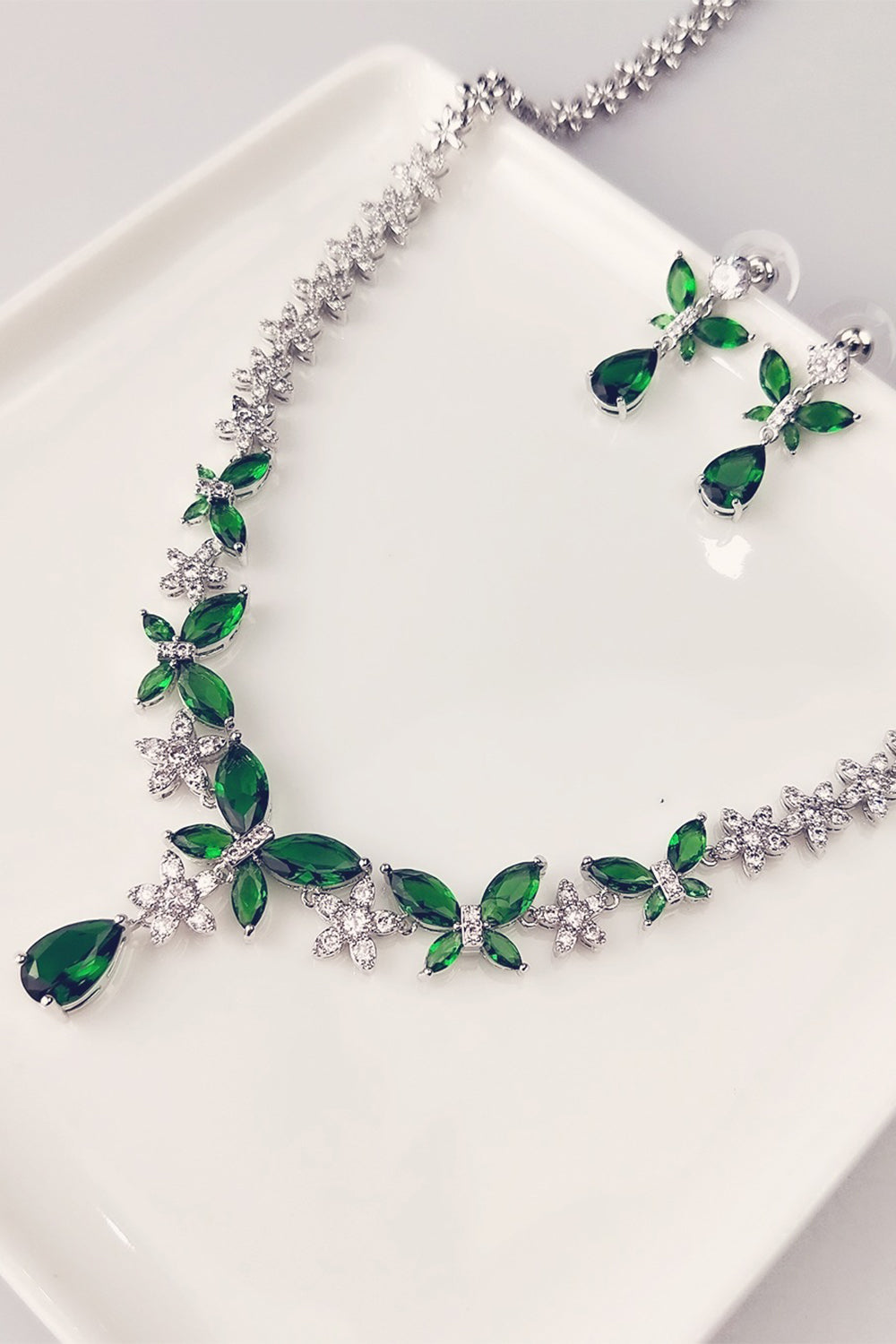 Crystal Drop Earrings and Necklace Set with Royal Blue Butterflies