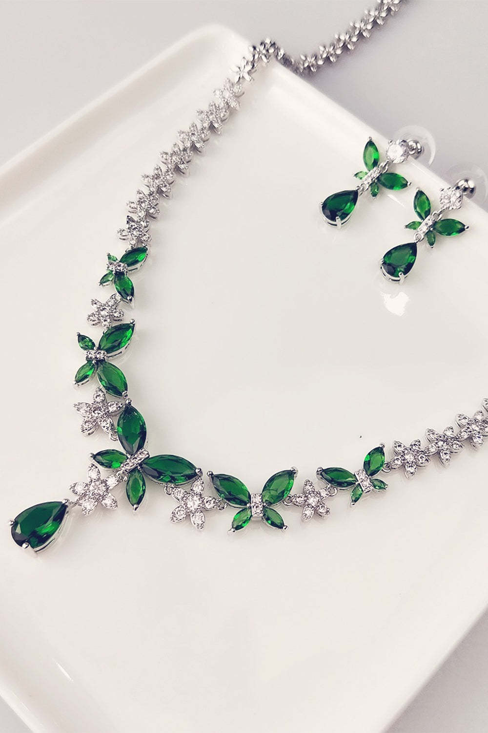 Crystal Drop Earrings and Necklace Set with Royal Blue Butterflies