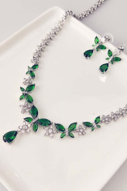 Crystal Drop Earrings and Necklace Set with Royal Blue Butterflies