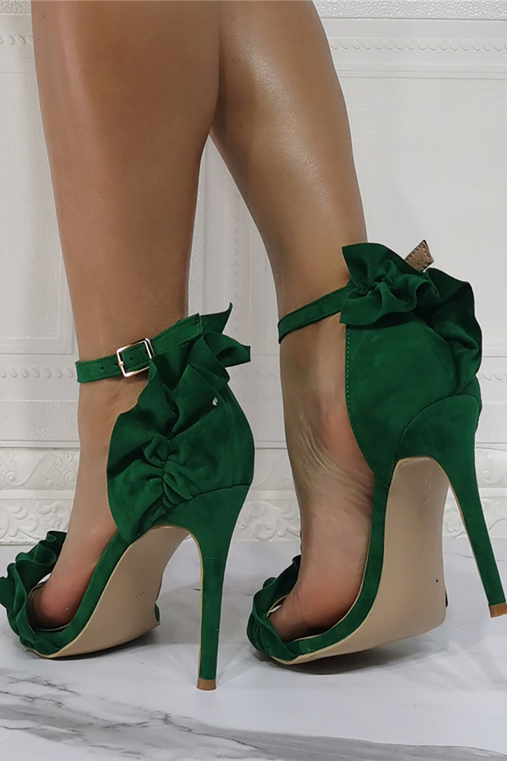 High Heel Stiletto Sandals in Dark Green with Flower Design