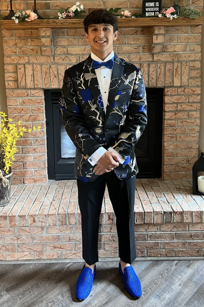 Men's Prom Suits in Blue Jacquard with 2 Shawl Lapel Pieces