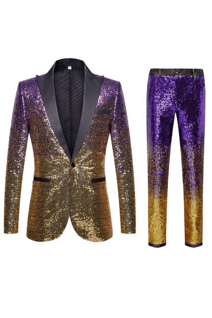 Purple Ombre Sequins Slim Fit Two-Piece Party Suit with Notched Lapel for Men