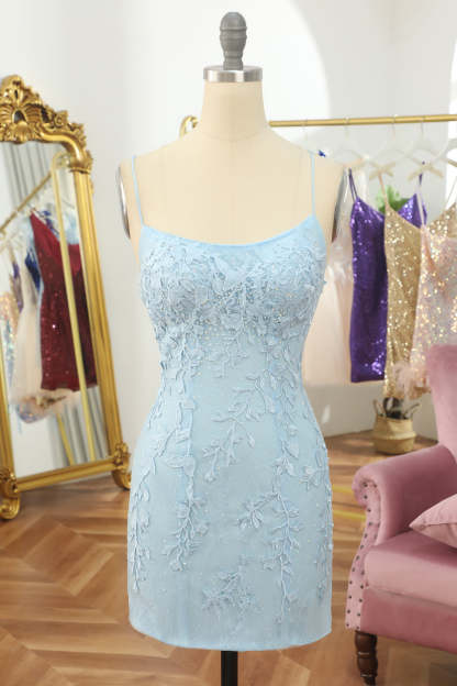 Light Blue Short Tight Cocktail Dress With Lace Beading