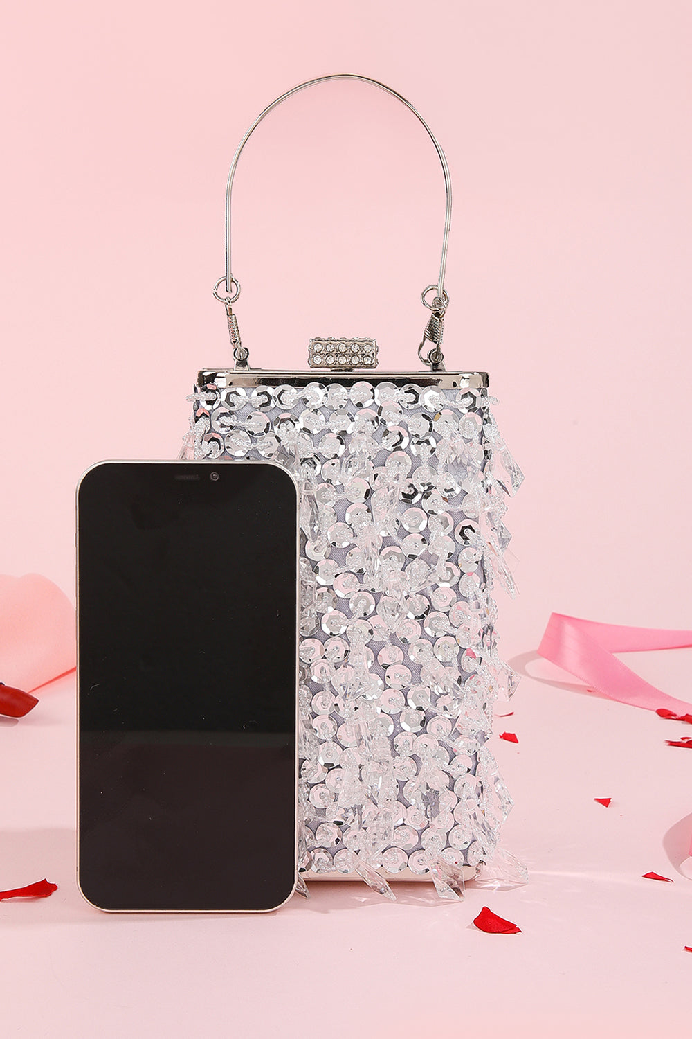 Shoulder Bag with Silver Sequin Fringes and Chain