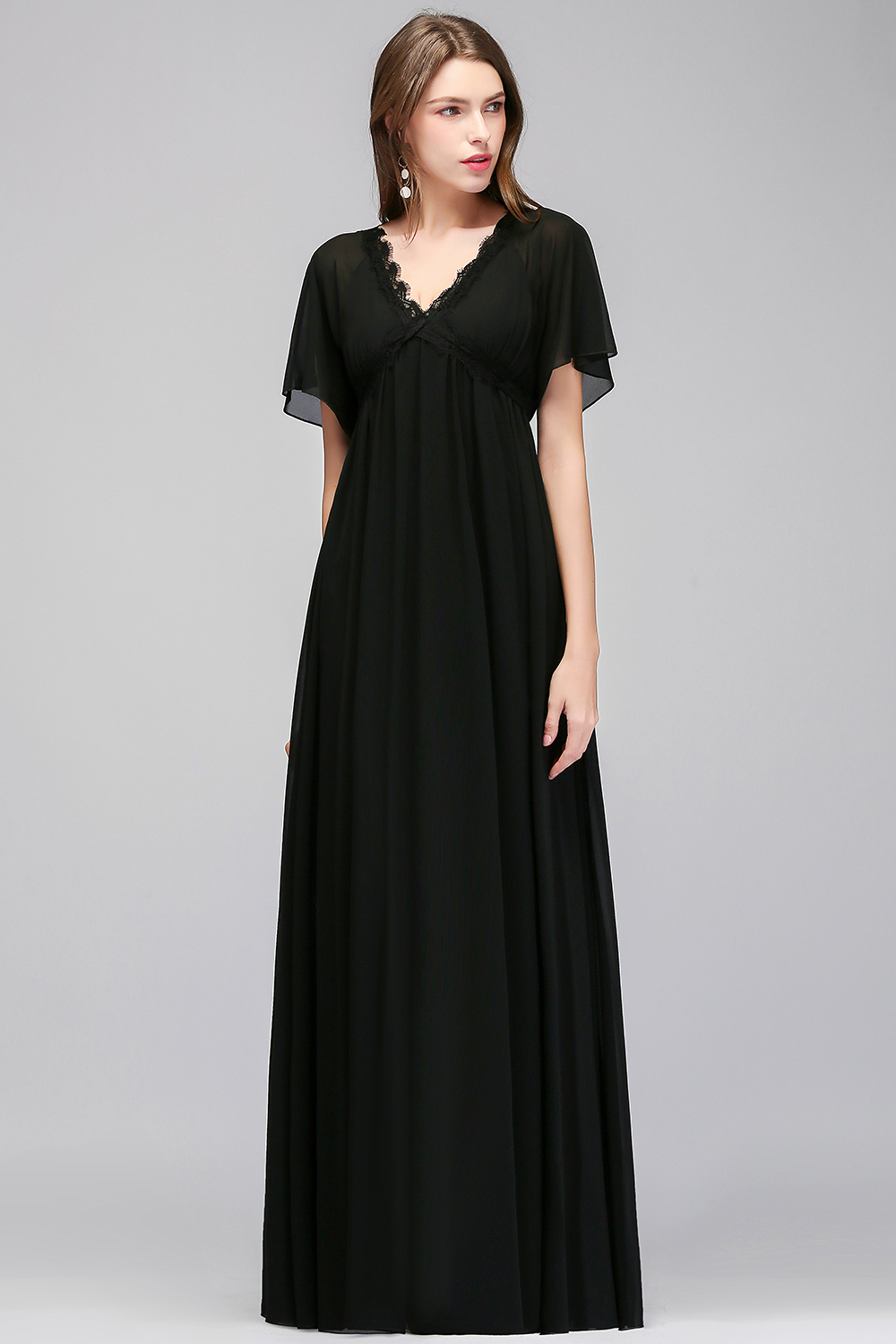 BMbridal Affordable Chiffon Black V Neck Bridesmaid Dresses with Short Sleeves