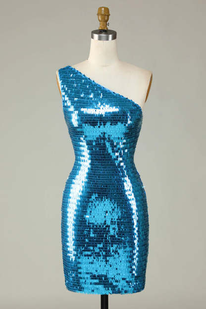 Sparkly Sheath One Shoulder Royal Blue Sequins Short Cocktail Dress 3