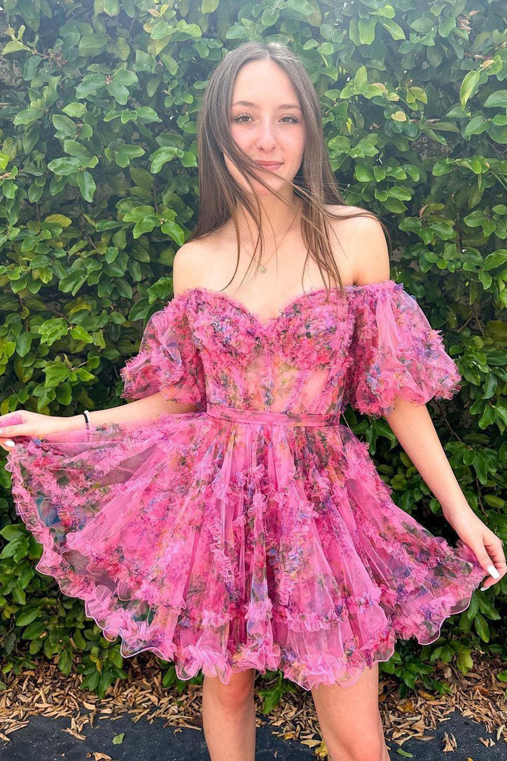 Cute A Line Off The Shoulder Purple Printed Short Cocktail Dress With Bowknot