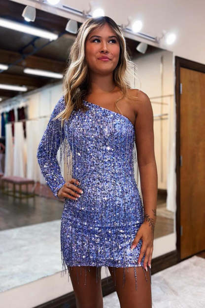 Sparkly Bodycon One Shoulder Black Sequins Short Cocktail Dress With Tassel