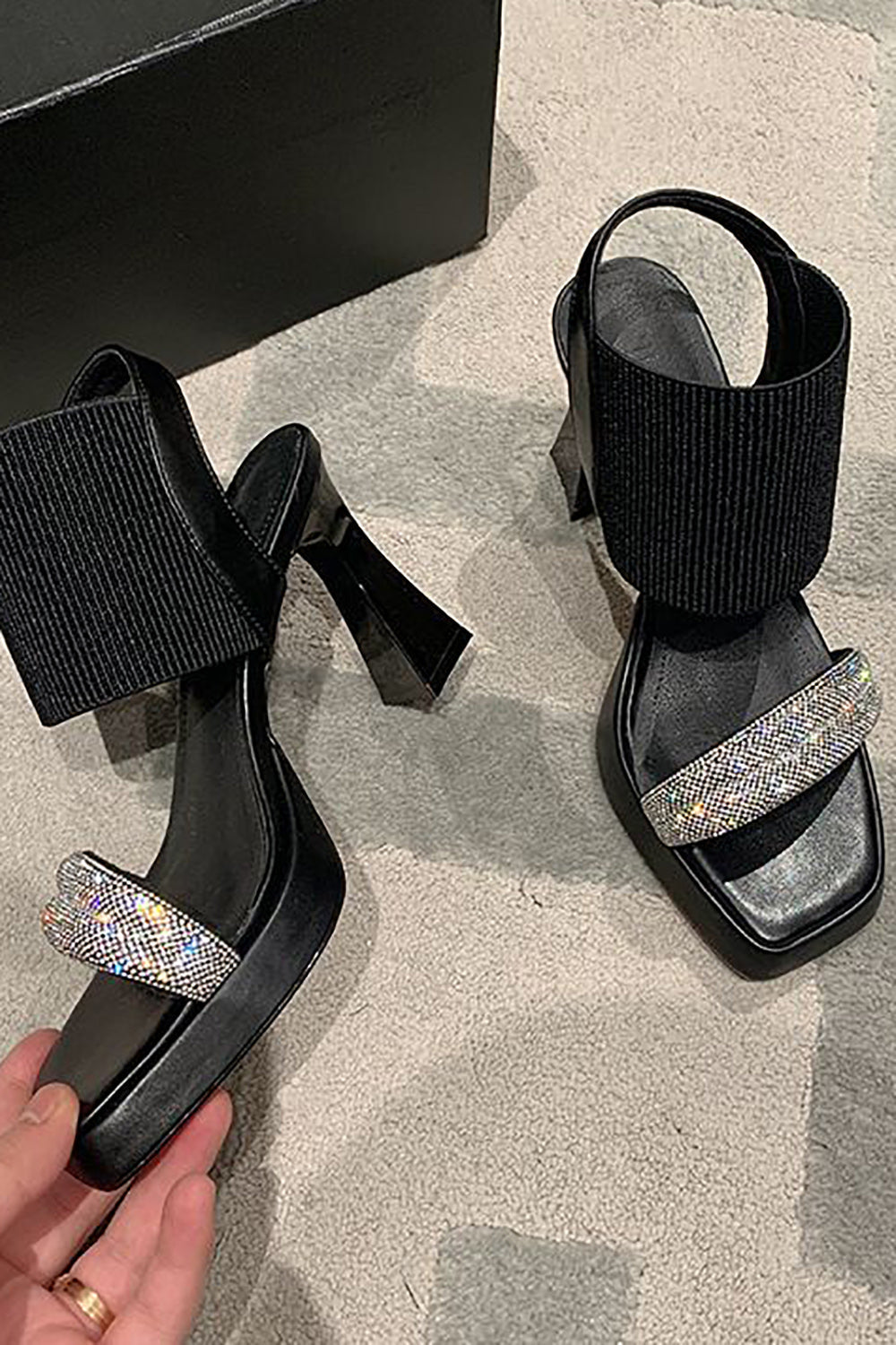 Solid Rhinestone Elastic Sandals with Thick Heel and Fish Mouth Design