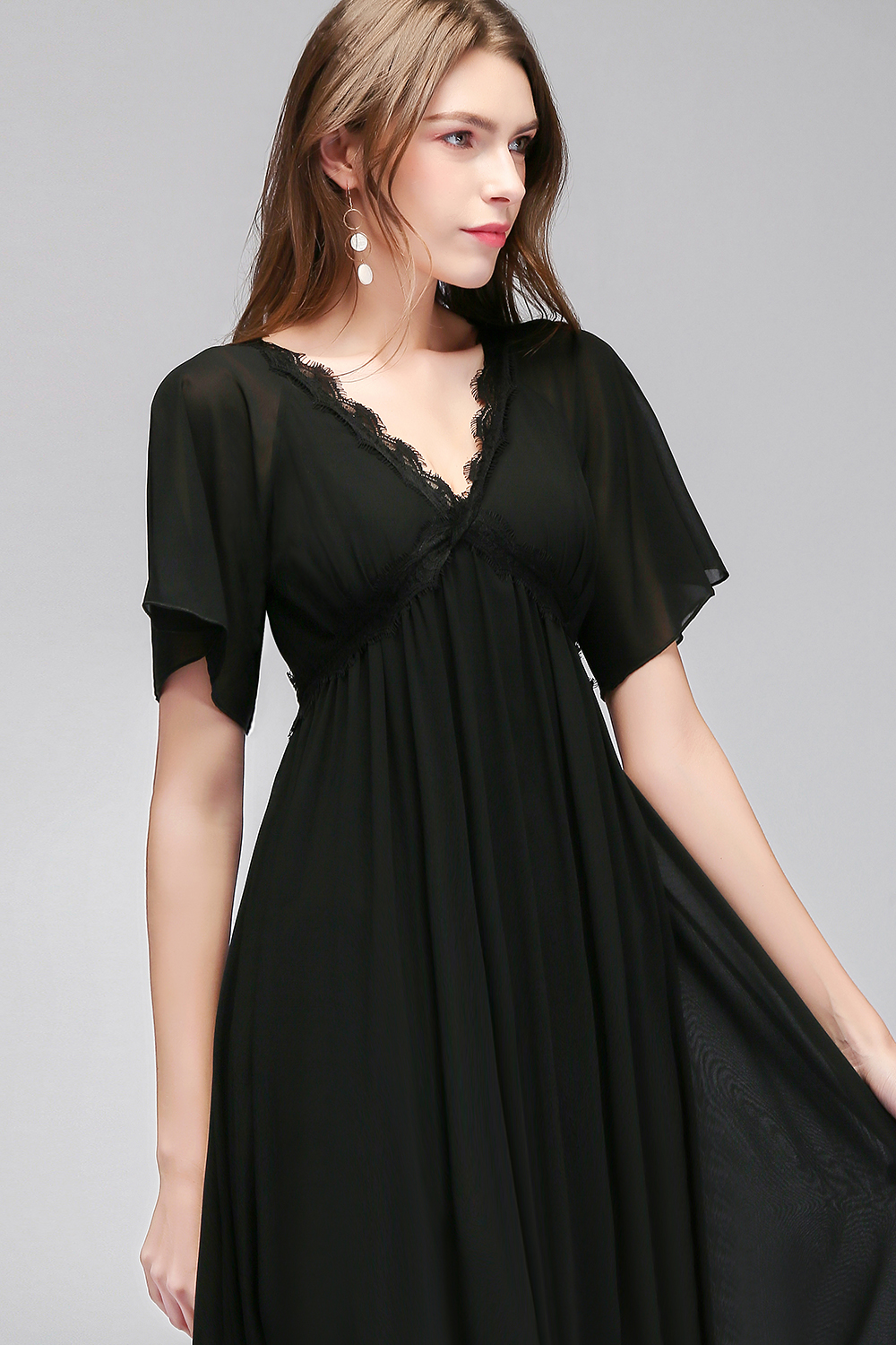 BMbridal Affordable Chiffon Black V Neck Bridesmaid Dresses with Short Sleeves