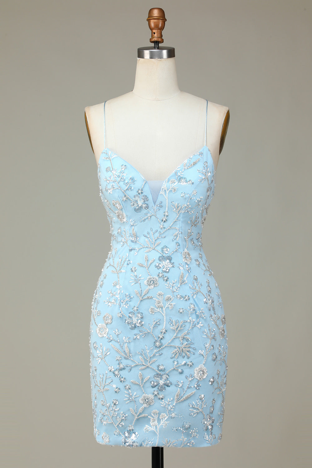 Stylish Bodycon Spaghetti Straps Light Blue Short Cocktail Dress With Beaded