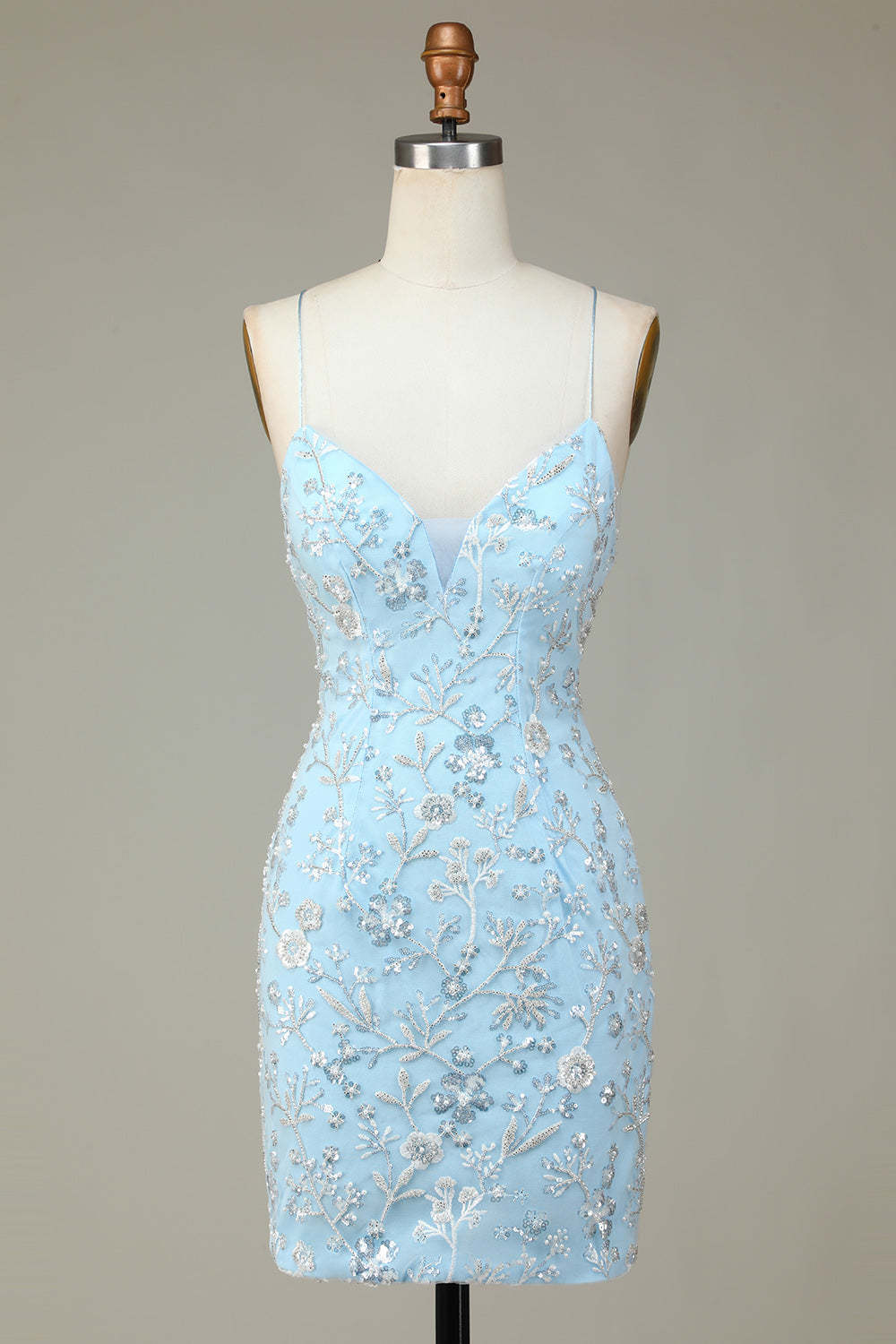 Stylish Bodycon Spaghetti Straps Light Blue Short Cocktail Dress With Beaded