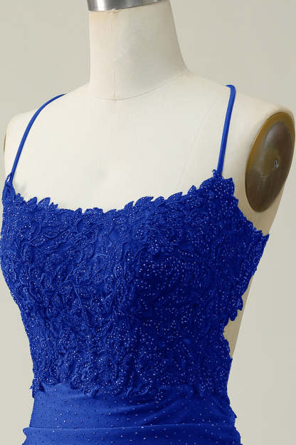 Stylish Sheath Spaghetti Straps Royal Blue Short Cocktail Dress With Appliques