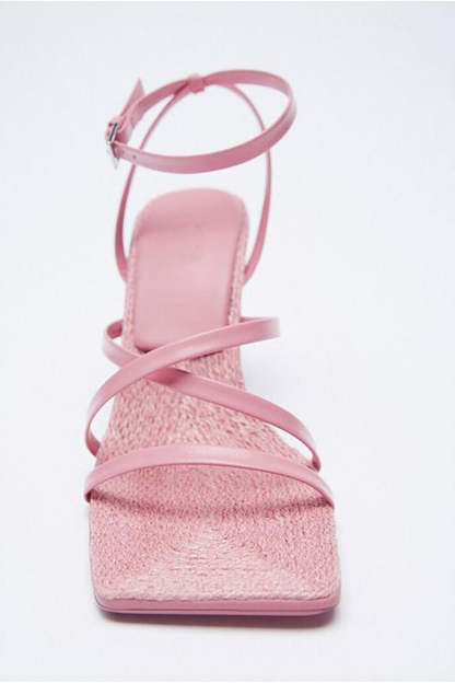 Square Toe High-Heel Slip-on Sandals in Pink