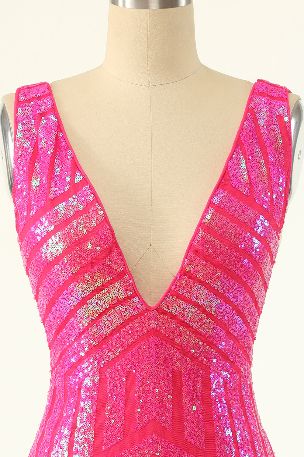 Fuchsia Sequins V Neck Tight Cocktail Dress