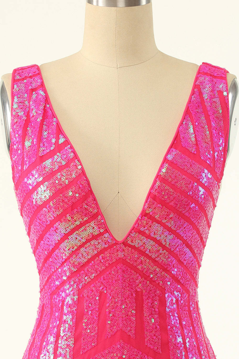 Fuchsia Sequins V Neck Tight Cocktail Dress