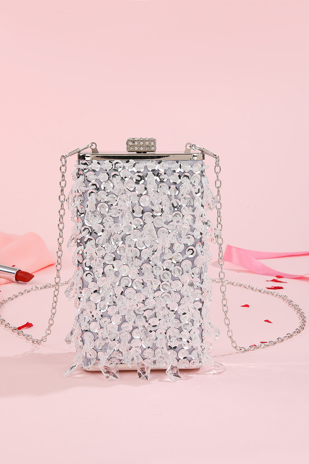 Shoulder Bag with Silver Sequin Fringes and Chain