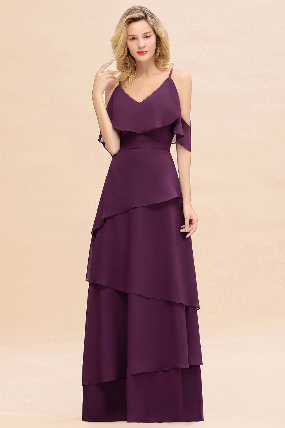 Chic Cold-Shoulder Layers Grape Chiffon Bridesmaid Dress Affordable