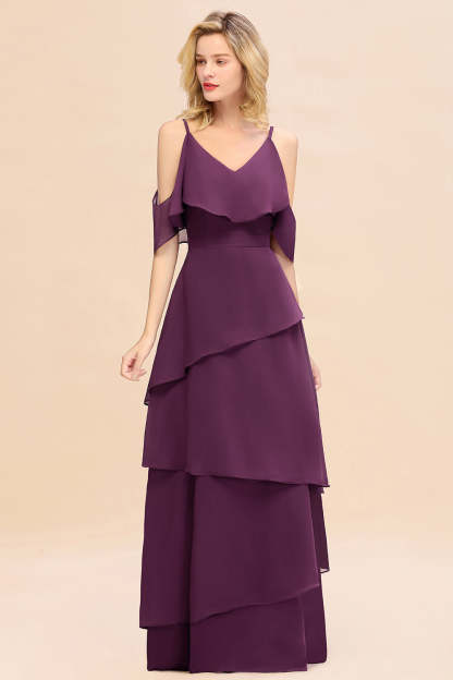 Chic Cold-Shoulder Layers Grape Chiffon Bridesmaid Dress Affordable