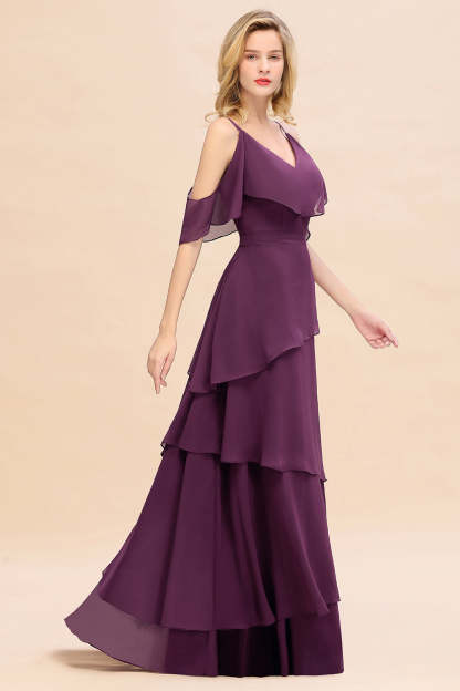 Chic Cold-Shoulder Layers Grape Chiffon Bridesmaid Dress Affordable