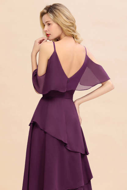 Chic Cold-Shoulder Layers Grape Chiffon Bridesmaid Dress Affordable