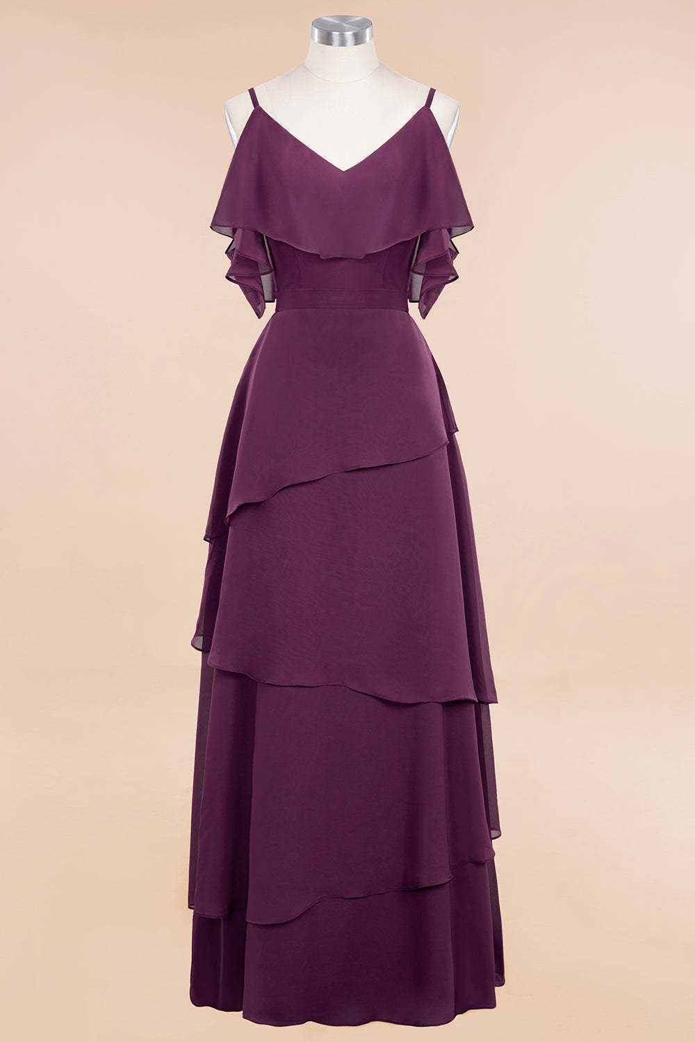 Chic Cold-Shoulder Layers Grape Chiffon Bridesmaid Dress Affordable