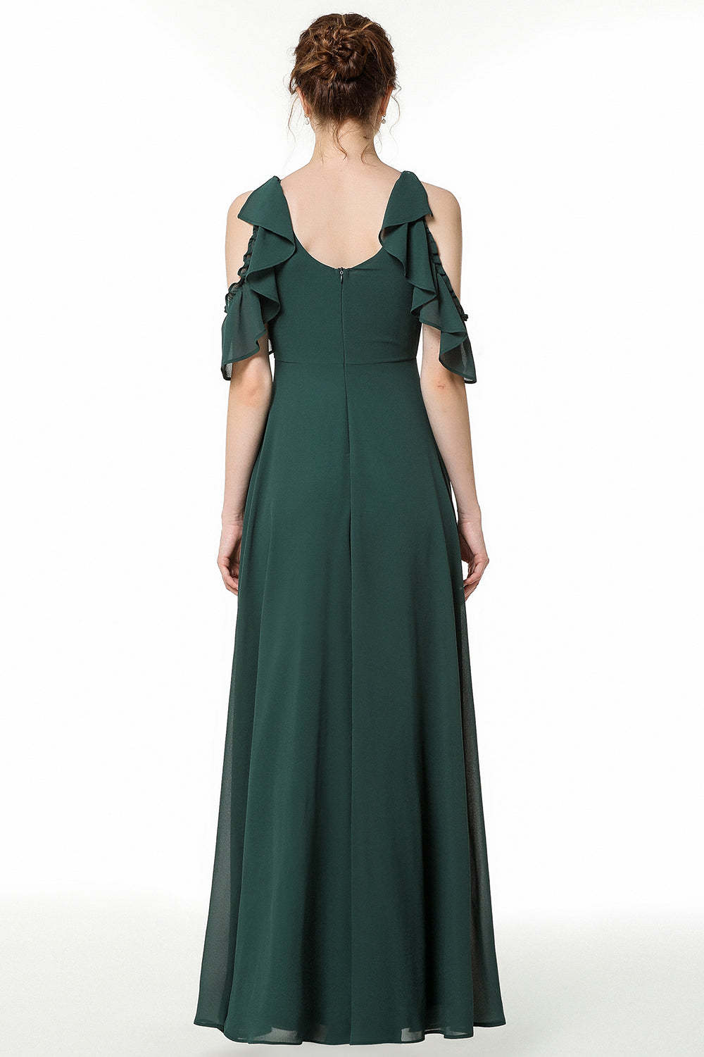 Chic Cold-shoulder Ruffle Dark Green Chiffon Bridesmaid Dresses Online