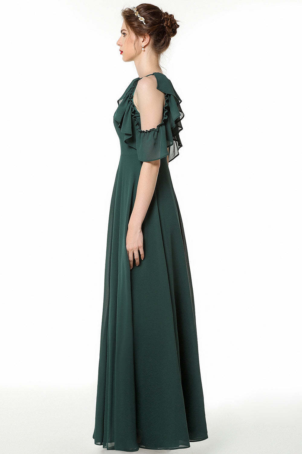 Chic Cold-shoulder Ruffle Dark Green Chiffon Bridesmaid Dresses Online