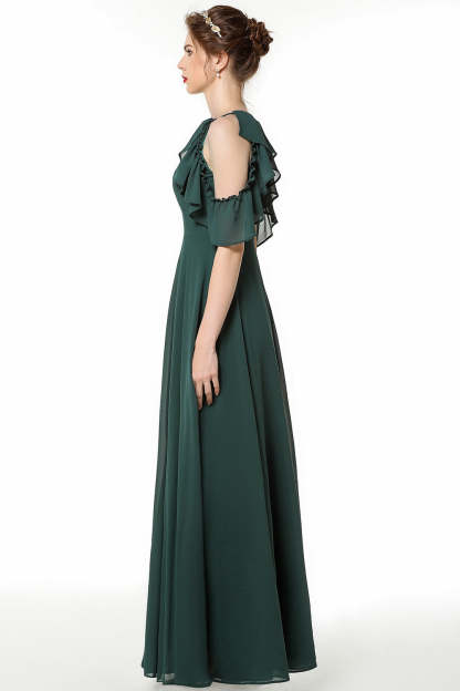 Chic Cold-shoulder Ruffle Dark Green Chiffon Bridesmaid Dresses Online