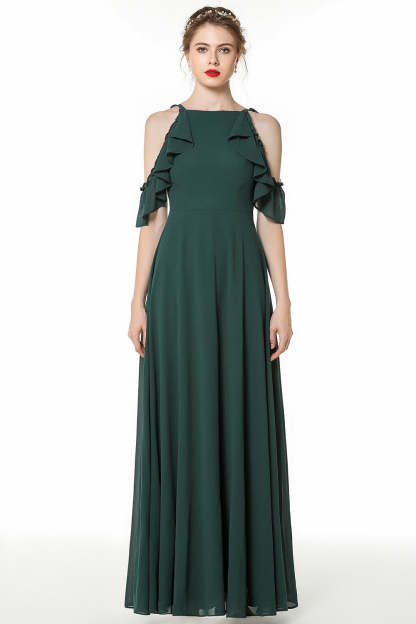 Chic Cold-shoulder Ruffle Dark Green Chiffon Bridesmaid Dresses Online