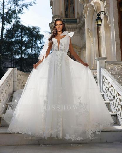 Chic Long White A-line V-neck Sleeveless Wedding Dress With Lace