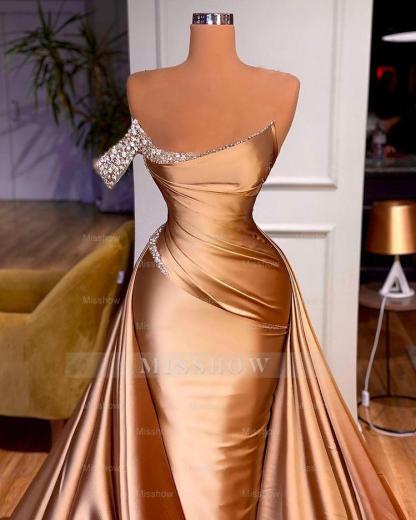 Chic One Shoulder Crystal Mermaid Prom Dress With Detachable Train