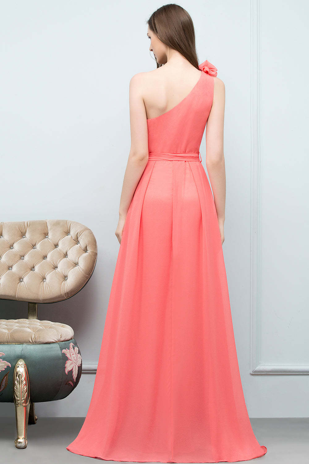 Chic One Shoulder Flower Long Bridesmaid Dresses with Bow Sash