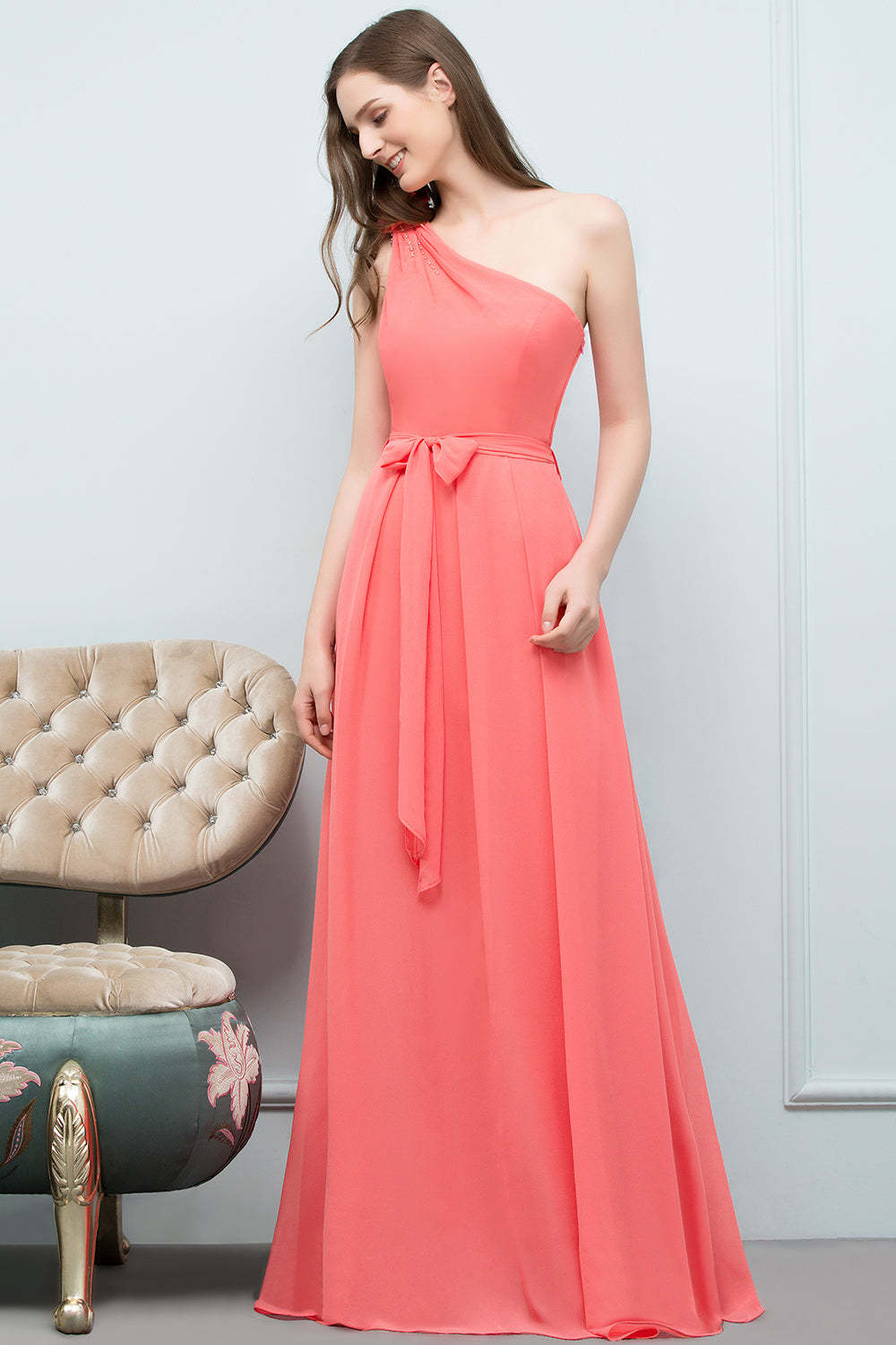 Chic One Shoulder Flower Long Bridesmaid Dresses with Bow Sash
