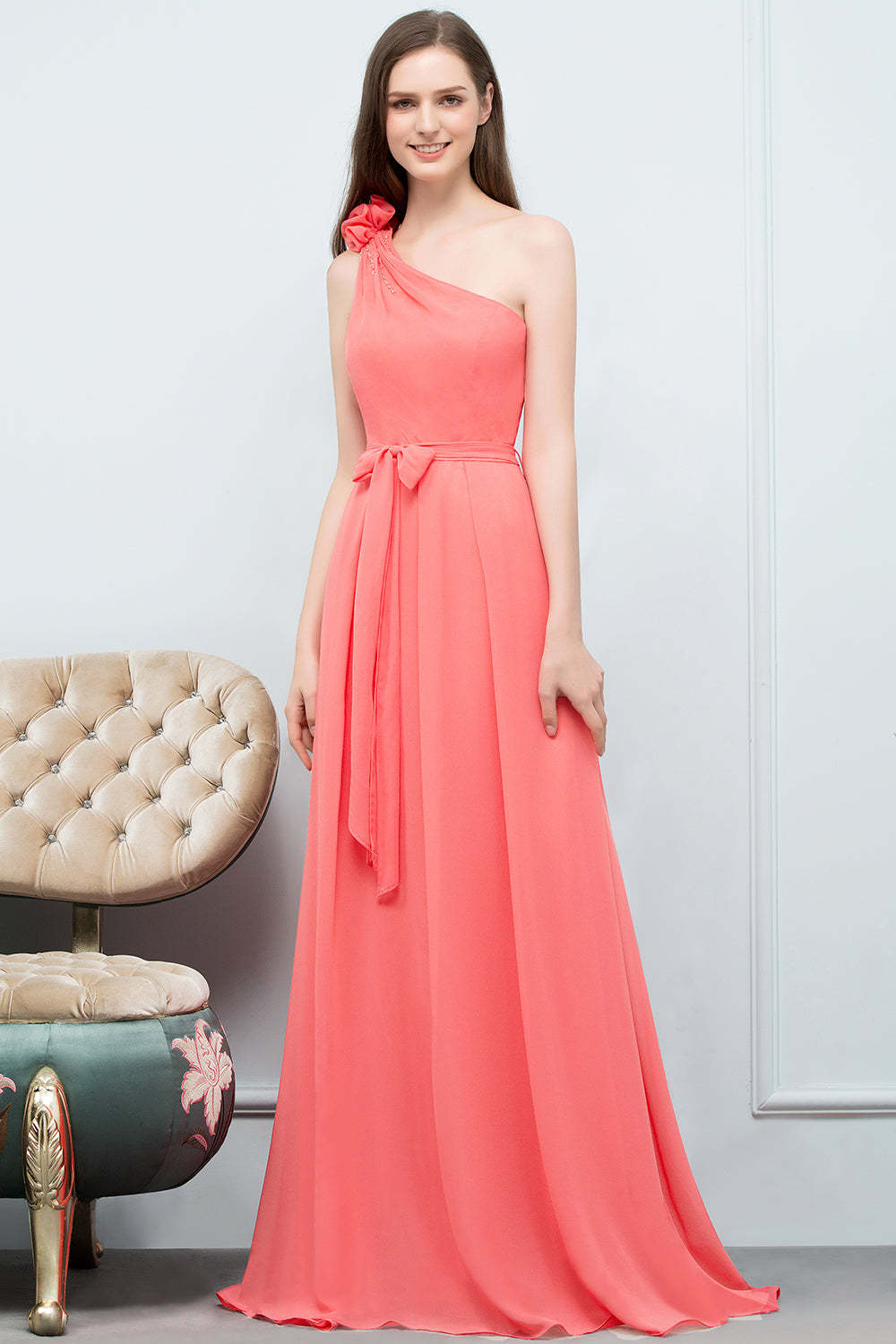 Chic One Shoulder Flower Long Bridesmaid Dresses with Bow Sash