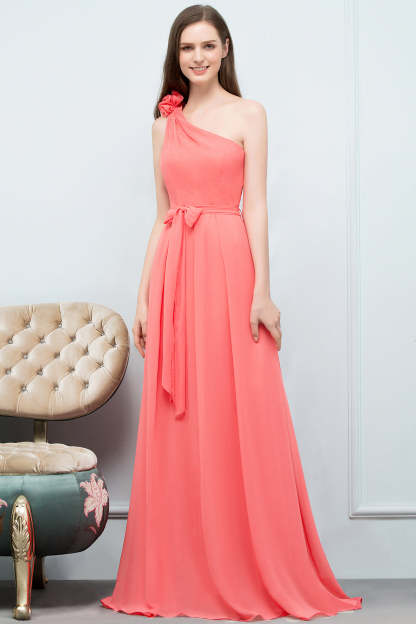 Chic One Shoulder Flower Long Bridesmaid Dresses with Bow Sash