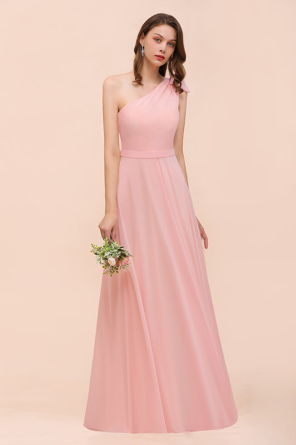 Chic One Shoulder Sleeveless Pink Chiffon Bridesmaid Dress with Bow