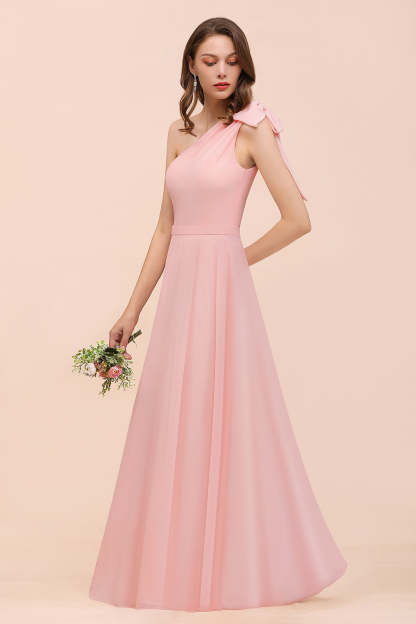 Chic One Shoulder Sleeveless Pink Chiffon Bridesmaid Dress with Bow