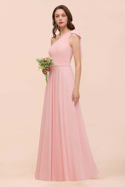 Chic One Shoulder Sleeveless Pink Chiffon Bridesmaid Dress with Bow