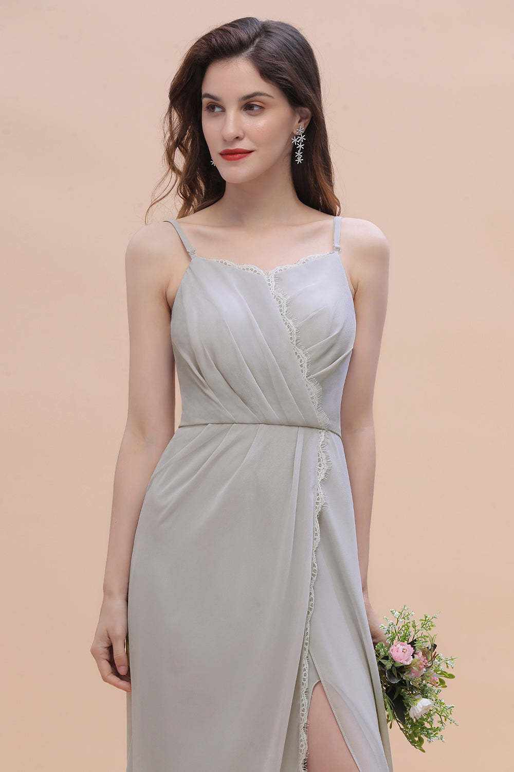 Chic Spaghetti Straps Chiffon Lace A-Line Bridesmaid Dress On Sale