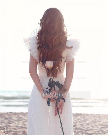 Chiffon Ruffless Sleeves V-Neck Summer Beach Wedding Dress